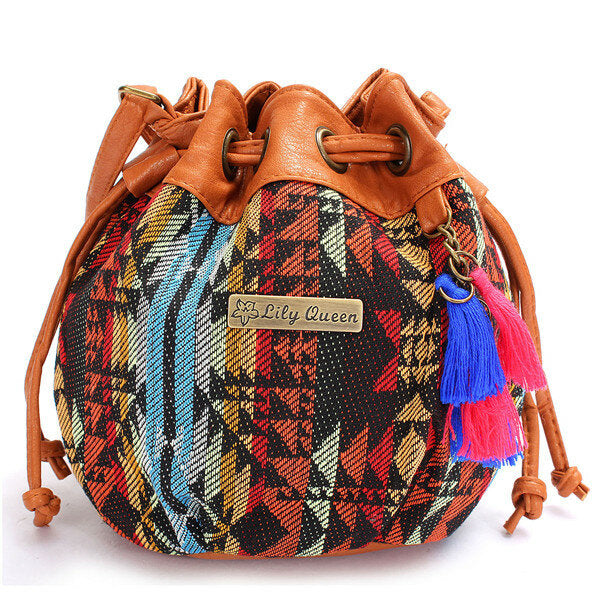 Women Bohemia Canvas Bucket Bags Drawstring Crossbody Shoulder
