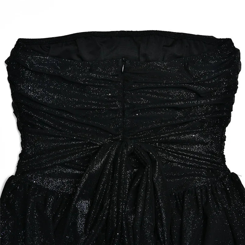 Elegant Strapless Sexy Mini Dress Women Fashion Black Off-shoulder Backless Pleated Sequins Sparkle Club Party Dress