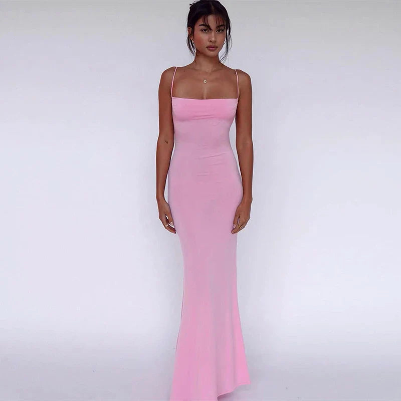 Spring Solid Sleeveless Backless Elegant Sexy Bodycon  Maxi Prom Dress Women Clothes Birthday Party Casual