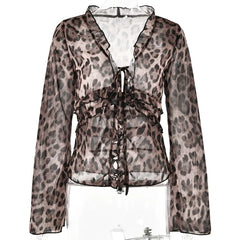 Leopard Mesh Tops Women Chiffon Lace-up V Neck Long Flare Sleeve Blouse Femme Fashion Print T-shirt Elegant Loose Tops