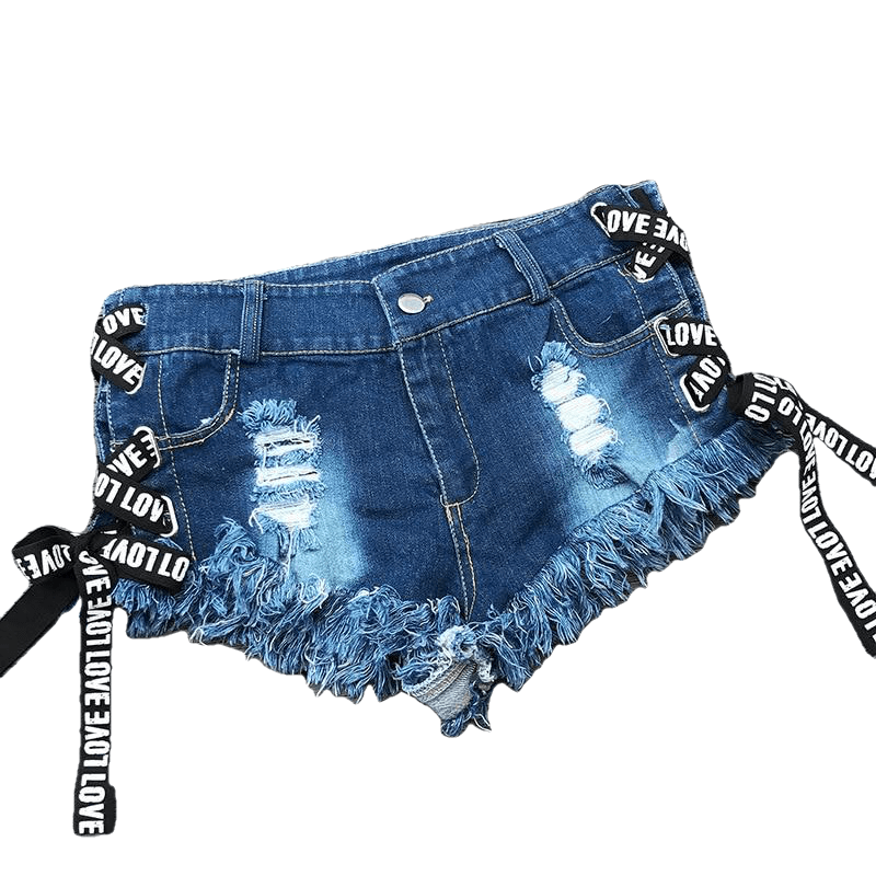 Vintage Sexy Women's Low Rise Denim Booty Shorts With Bandage & Tassel