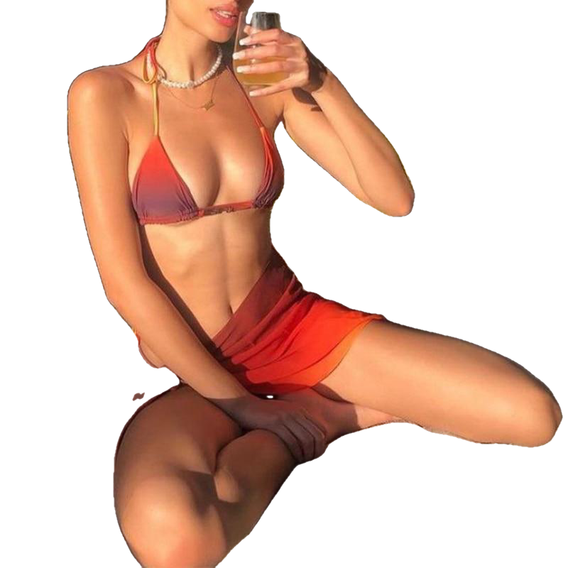 Sexy Women's Print Low Waist Halter Swimsuit 3pieces