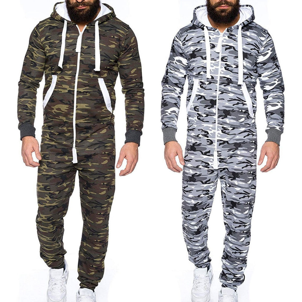 Casual Men's Long Sleeve Non Footed One-Piece Cotton Pajamas With Hood