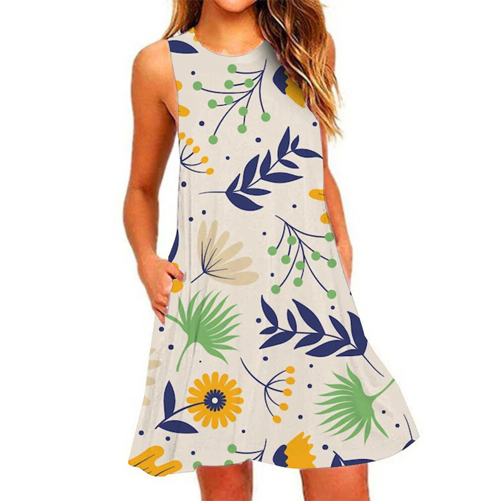 Summer New Women's Dresses Beach Casual Pineapple Printed Sleeveless Short Dress Round Neck Breathable Elastic Short Dresses