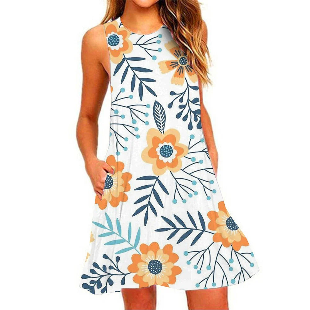 Summer New Women's Dresses Beach Casual Pineapple Printed Sleeveless Short Dress Round Neck Breathable Elastic Short Dresses