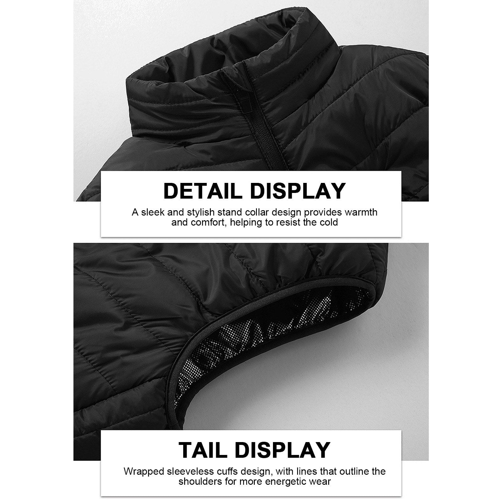 Men's Heated Vest with Stand-up Collar Carbon Fiber 4 Heating Zones 3-Level Temperature Control