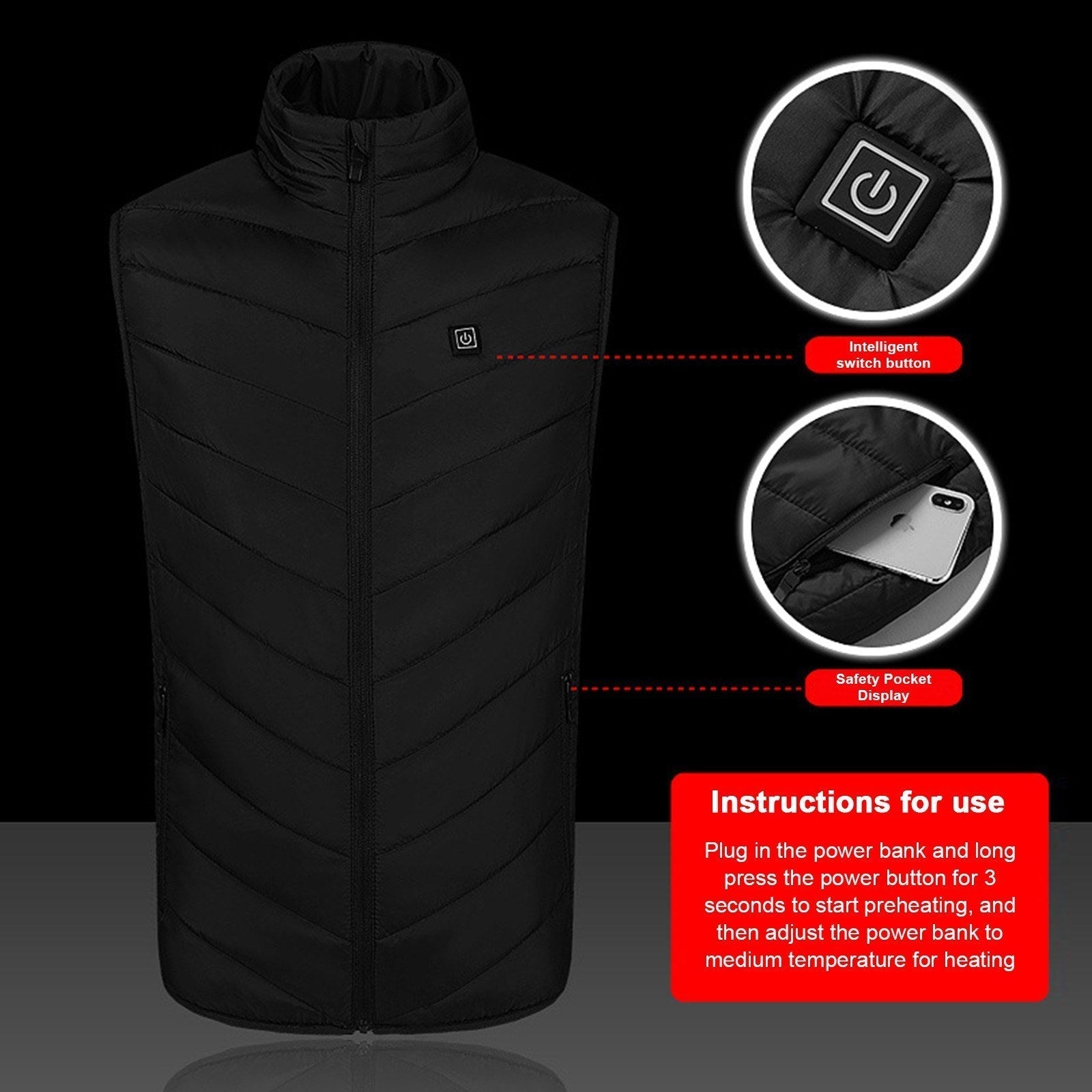 Men's Heated Vest with Stand-up Collar Carbon Fiber 4 Heating Zones 3-Level Temperature Control