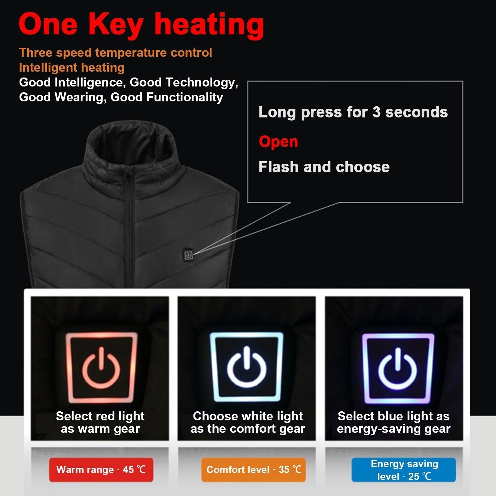 Men's Heated Vest with Stand-up Collar Carbon Fiber 4 Heating Zones 3-Level Temperature Control