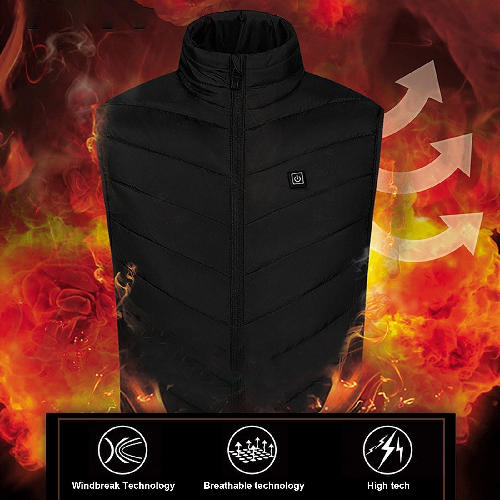 Men's Heated Vest with Stand-up Collar Carbon Fiber 4 Heating Zones 3-Level Temperature Control