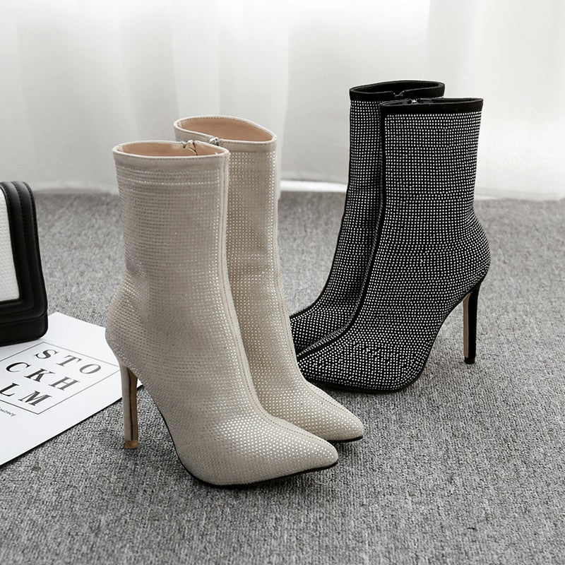 Trendy Sexy Women's Zipper High Heeled Boot With Rhinestones
