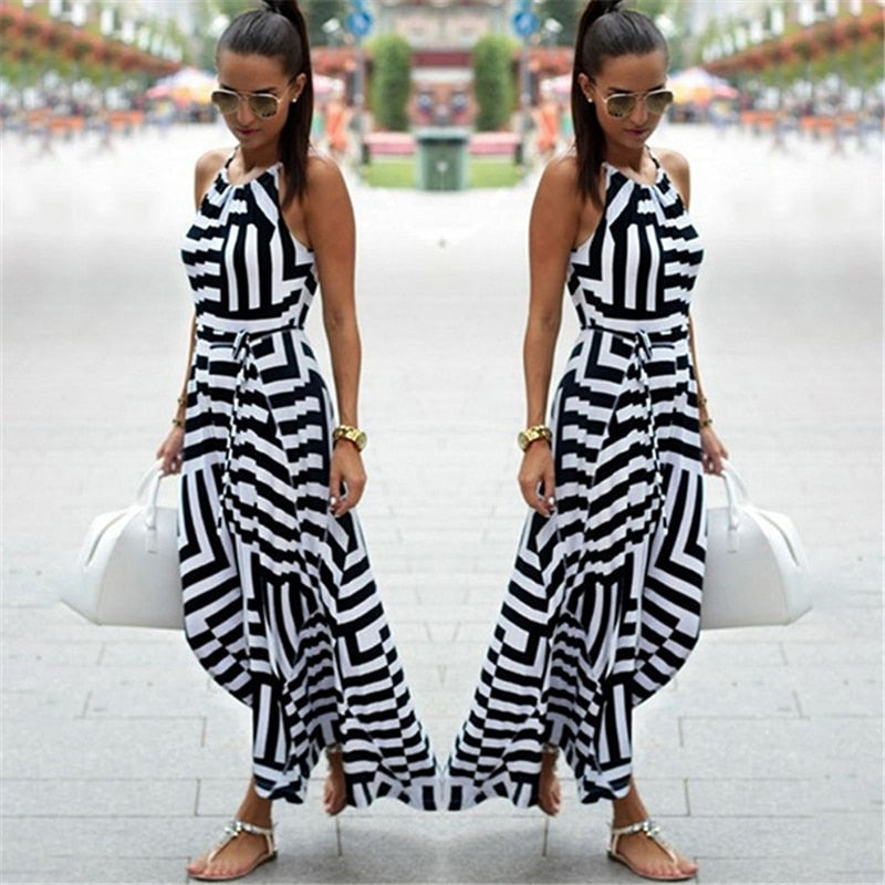 Summer Sexy Boho Striped O-Neck Sleeveless Maxi Long Dress For Female