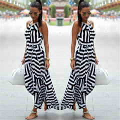Summer Sexy Boho Striped O-Neck Sleeveless Maxi Long Dress For Female