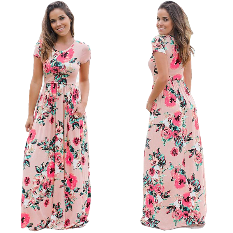 Plus Size Short Sleeve Summer Floral Print Long Maxi Dress
