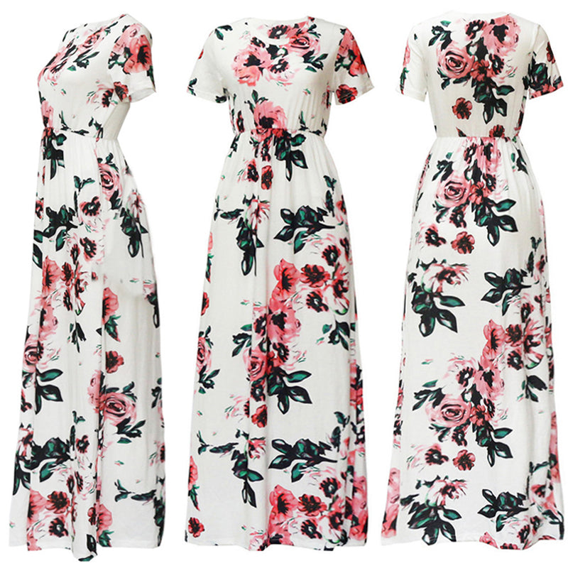 Plus Size Short Sleeve Summer Floral Print Long Maxi Dress