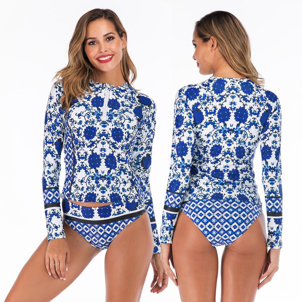 Stylish Ladies' Split Rash Guards With Long Sleeve & Shirt Thong Two Pieces