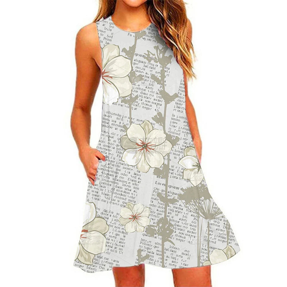 Women's Summer Pineapple Print Sleeveless Beach Dress - Casual, Breathable, Elastic, Round Neck