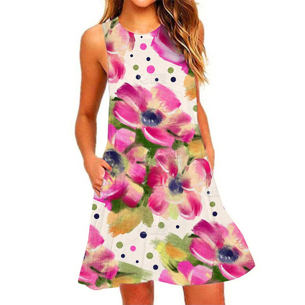Women's Summer Pineapple Print Sleeveless Beach Dress - Casual, Breathable, Elastic, Round Neck