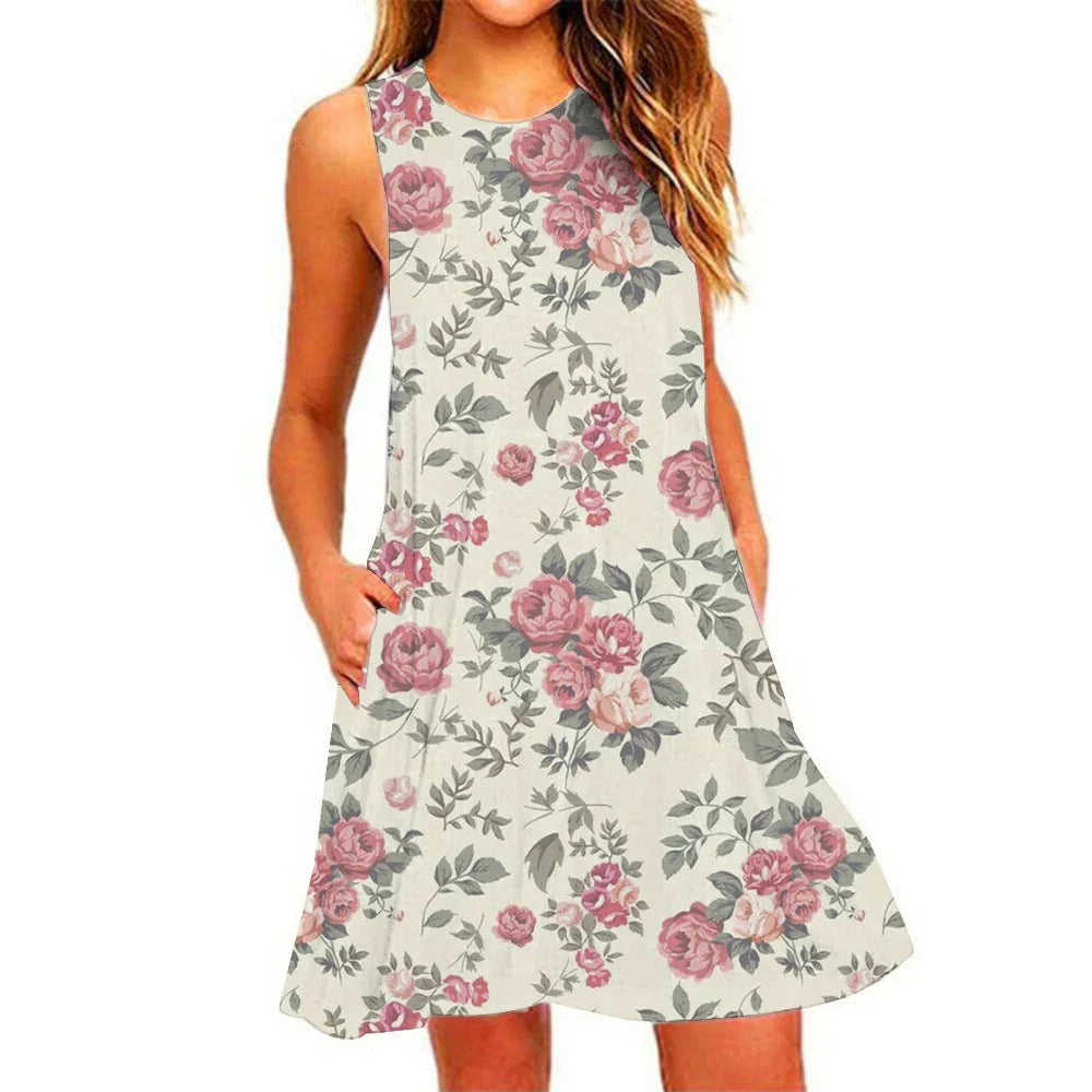 Women's Summer Pineapple Print Sleeveless Beach Dress - Casual, Breathable, Elastic, Round Neck