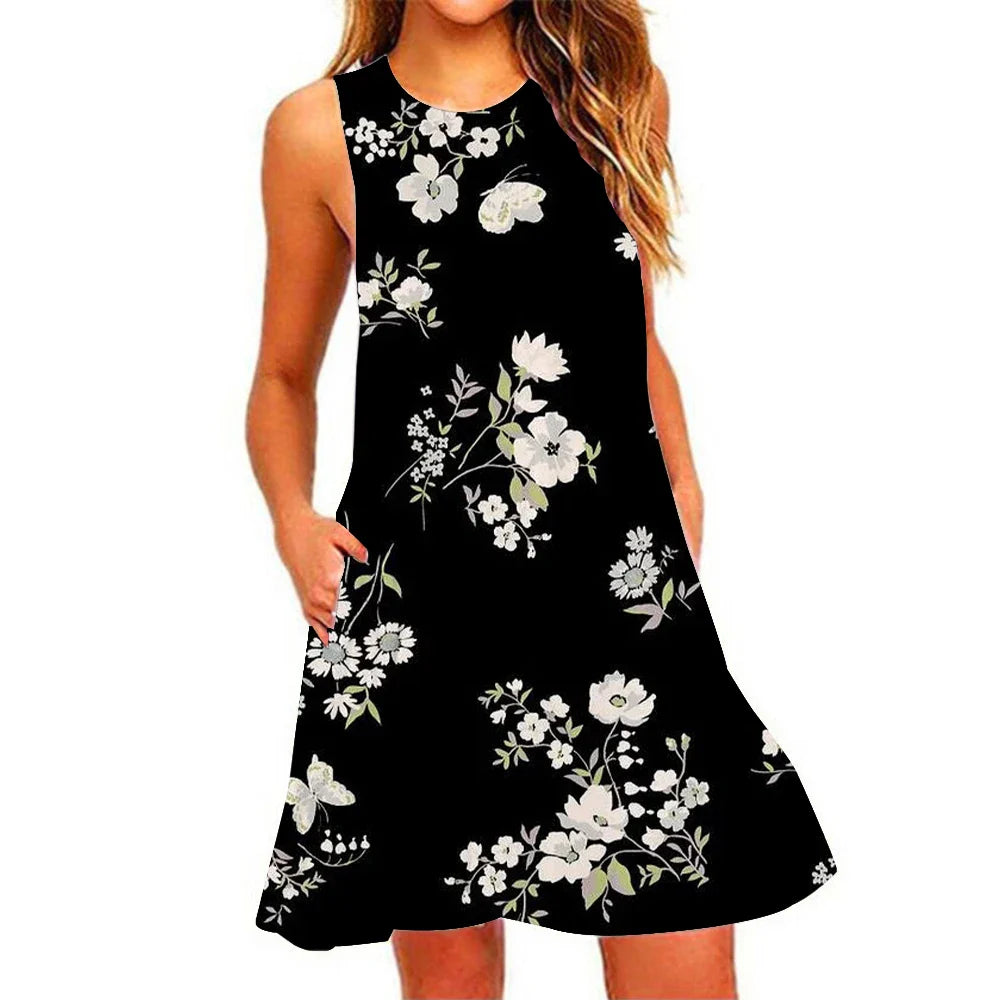 Women's Summer Pineapple Print Sleeveless Beach Dress - Casual, Breathable, Elastic, Round Neck