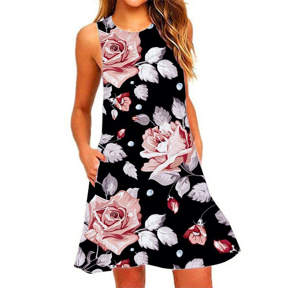 Women's Summer Pineapple Print Sleeveless Beach Dress - Casual, Breathable, Elastic, Round Neck