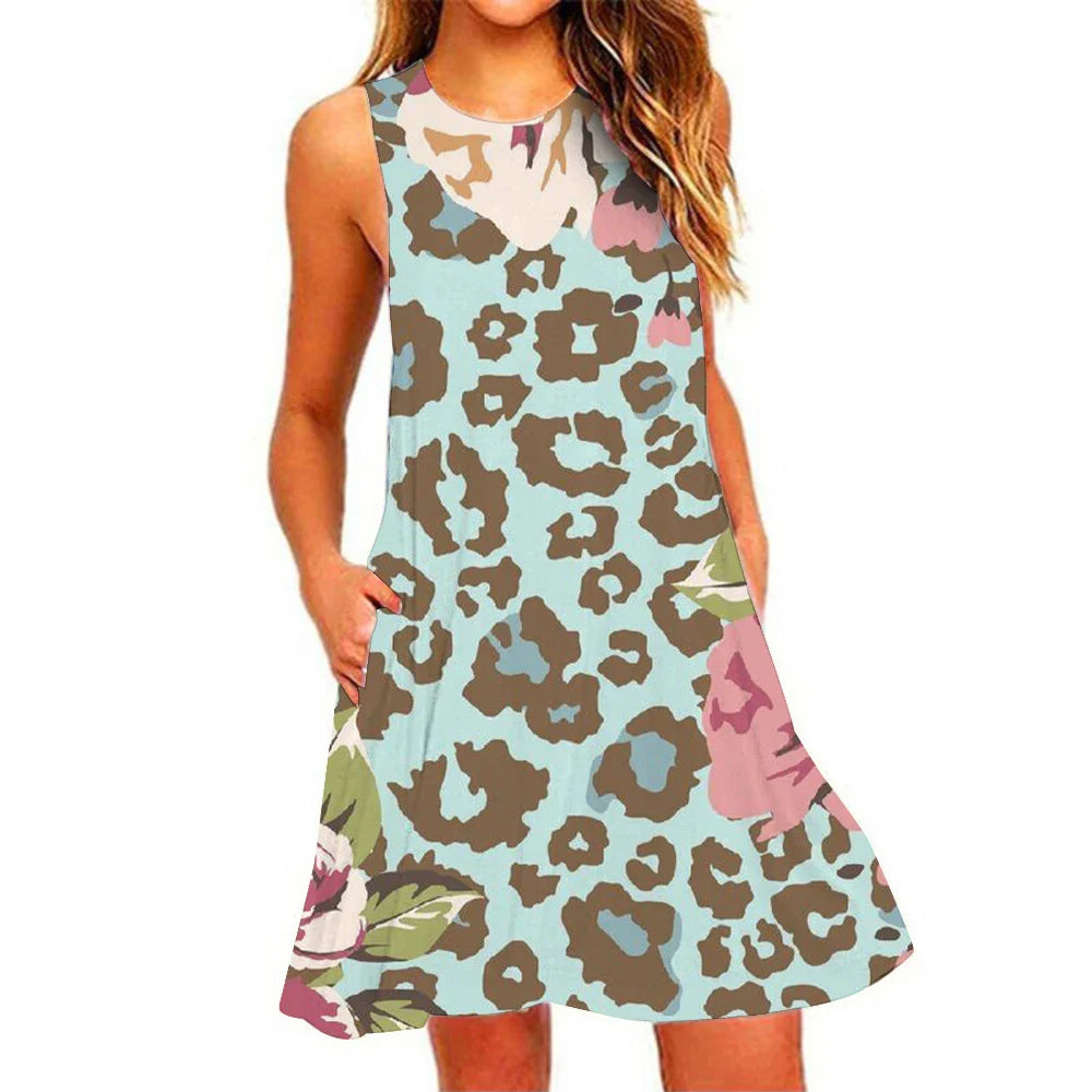 Women's Summer Pineapple Print Sleeveless Beach Dress - Casual, Breathable, Elastic, Round Neck