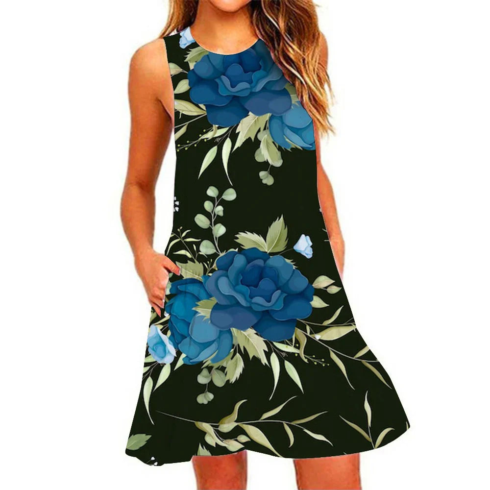 Women's Summer Pineapple Print Sleeveless Beach Dress - Casual, Breathable, Elastic, Round Neck
