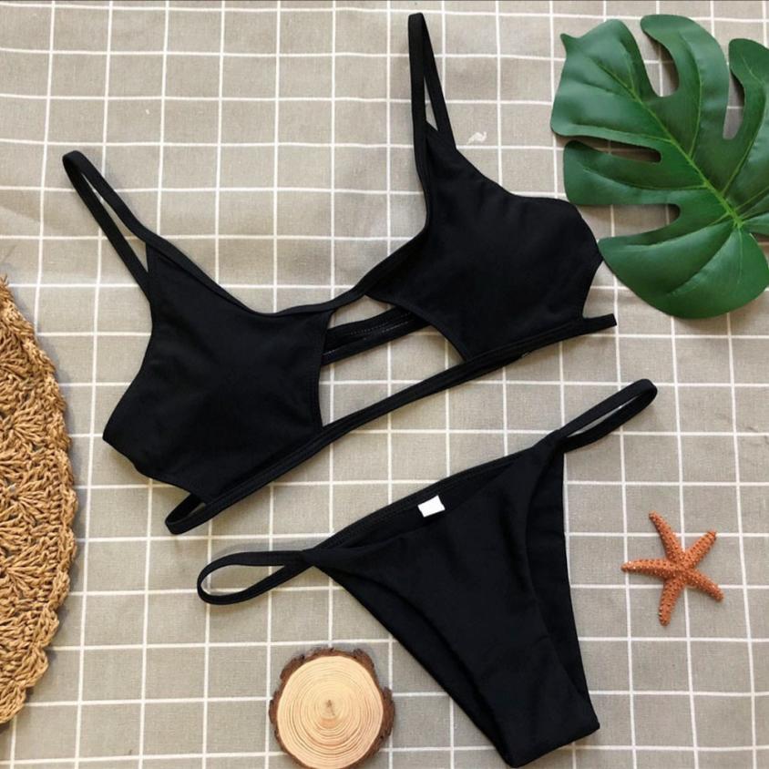 Solid Color Sexy Women's Split Bandage Hollow Out Push-Up Beachwear