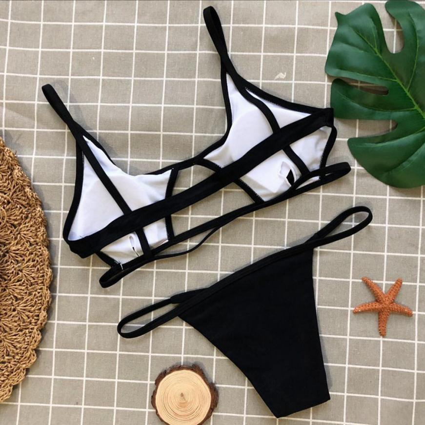 Solid Color Sexy Women's Split Bandage Hollow Out Push-Up Beachwear