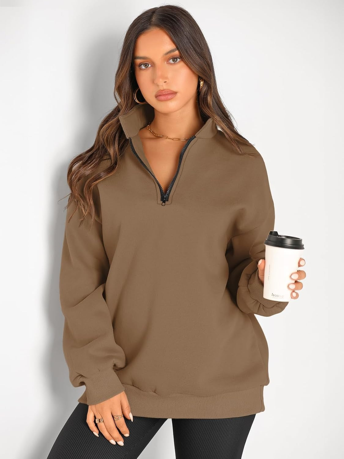 Women’s Oversized Half-Zip Pullover – Cozy Fleece Hoodie with Drop Shoulder & Quarter-Zip Design – Casual Fall and Winter Sweatshirt