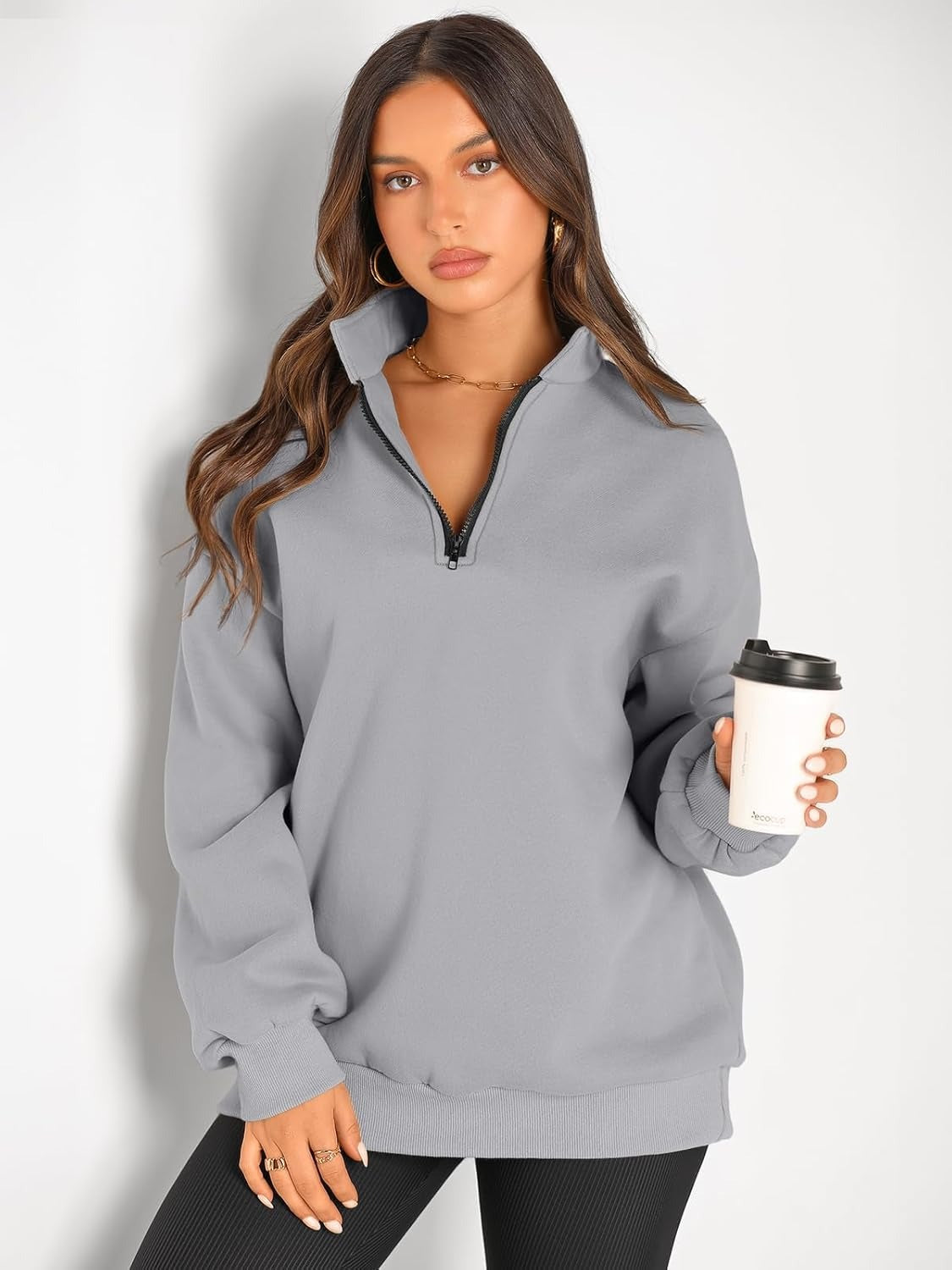 Women’s Oversized Half-Zip Pullover – Cozy Fleece Hoodie with Drop Shoulder & Quarter-Zip Design – Casual Fall and Winter Sweatshirt