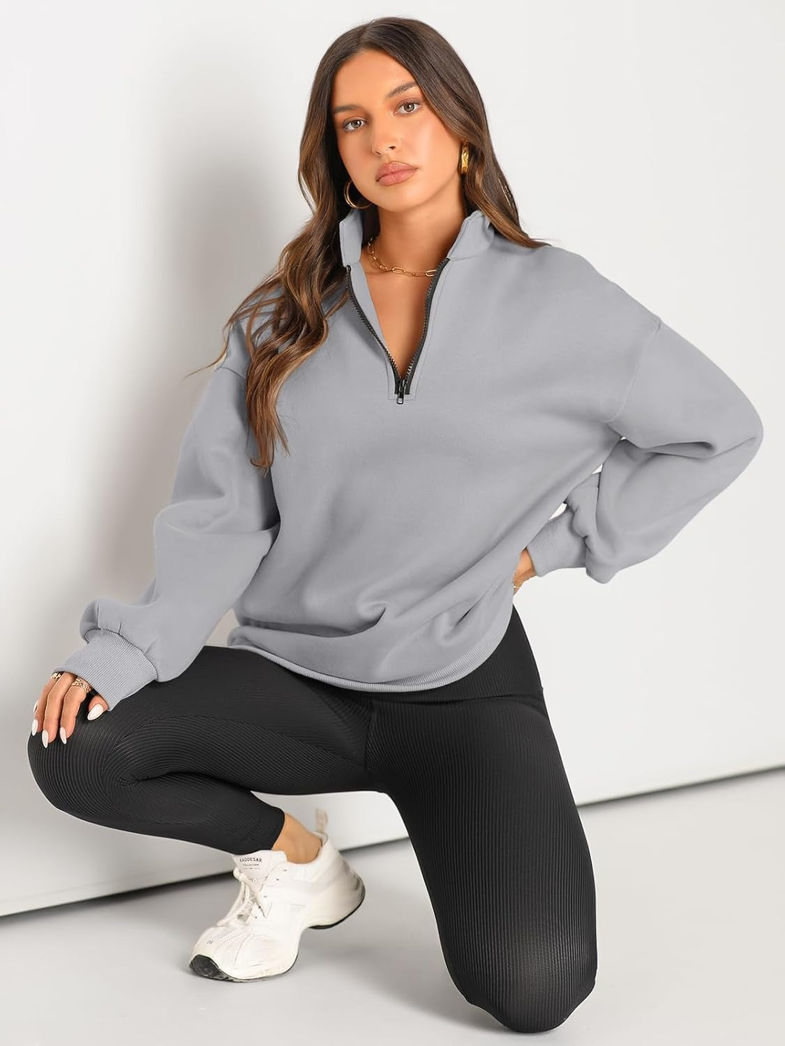 Women’s Oversized Half-Zip Pullover – Cozy Fleece Hoodie with Drop Shoulder & Quarter-Zip Design – Casual Fall and Winter Sweatshirt