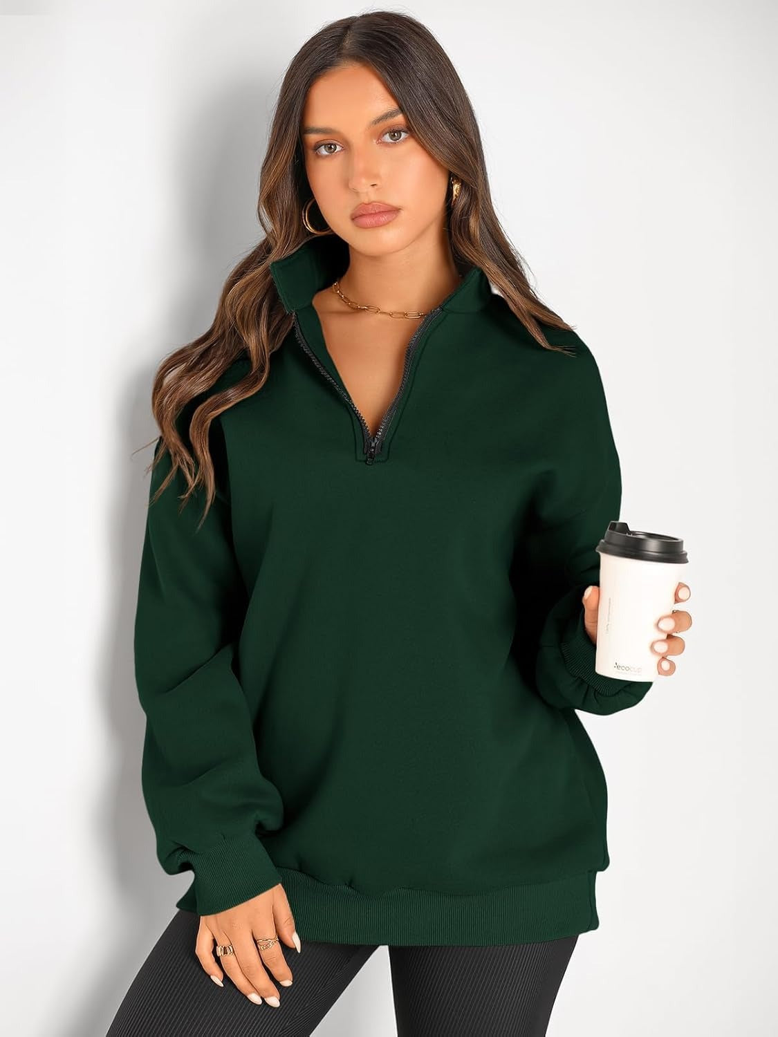 Women’s Oversized Half-Zip Pullover – Cozy Fleece Hoodie with Drop Shoulder & Quarter-Zip Design – Casual Fall and Winter Sweatshirt