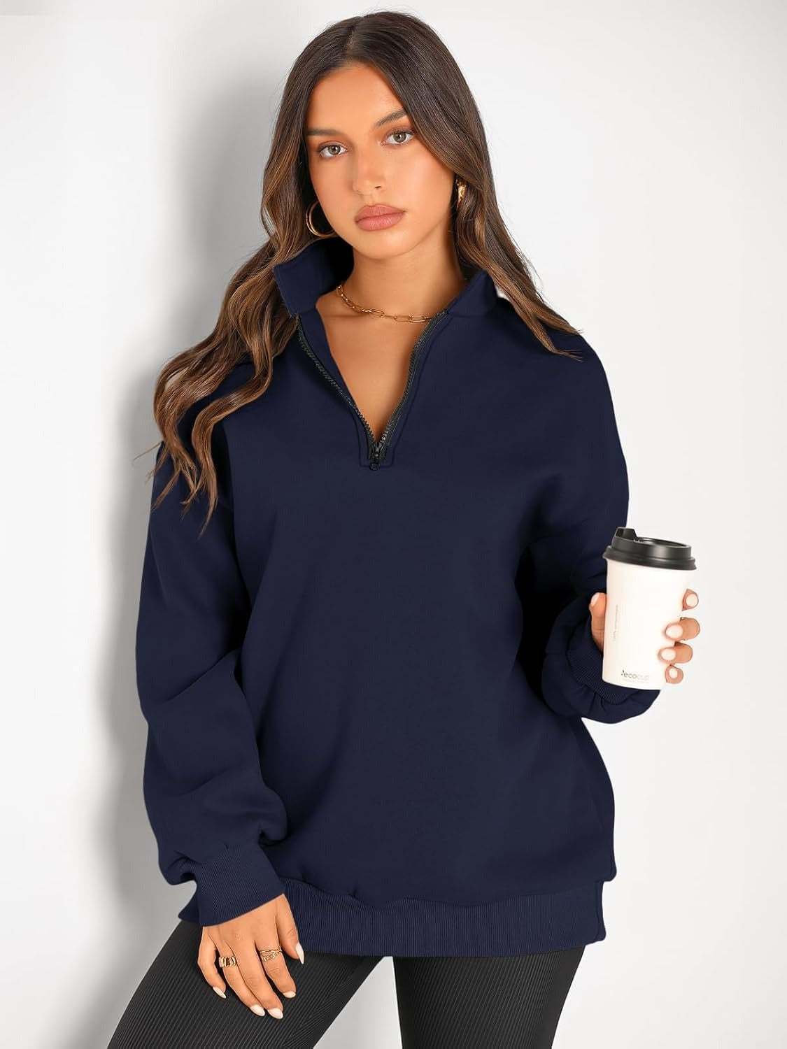 Women’s Oversized Half-Zip Pullover – Cozy Fleece Hoodie with Drop Shoulder & Quarter-Zip Design – Casual Fall and Winter Sweatshirt