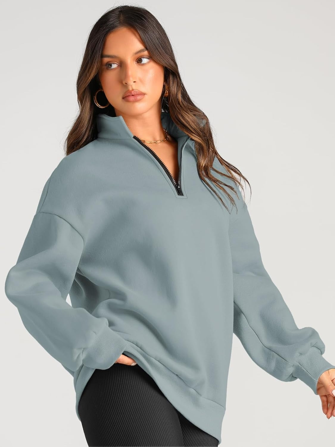 Women’s Oversized Half-Zip Pullover – Cozy Fleece Hoodie with Drop Shoulder & Quarter-Zip Design – Casual Fall and Winter Sweatshirt