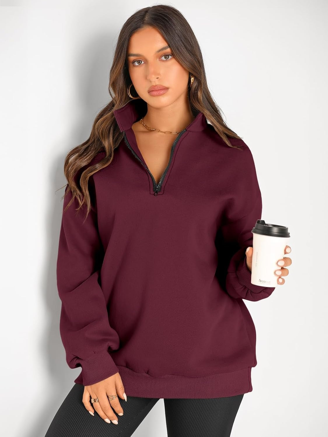 Women’s Oversized Half-Zip Pullover – Cozy Fleece Hoodie with Drop Shoulder & Quarter-Zip Design – Casual Fall and Winter Sweatshirt