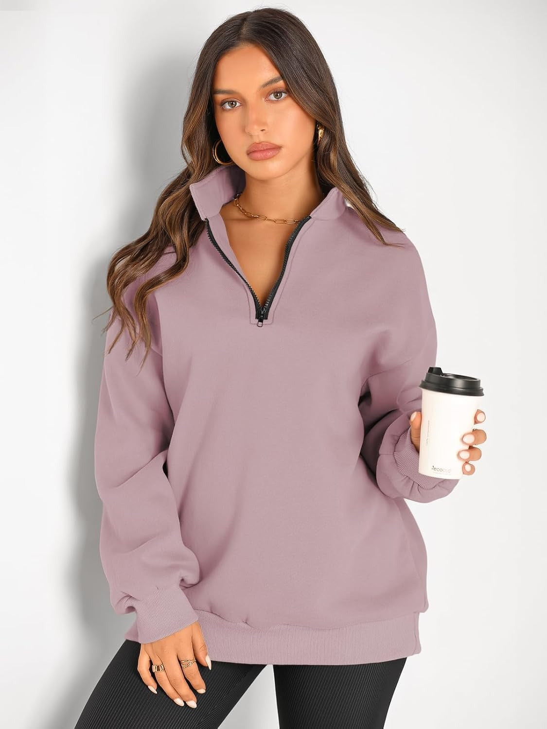 Women’s Oversized Half-Zip Pullover – Cozy Fleece Hoodie with Drop Shoulder & Quarter-Zip Design – Casual Fall and Winter Sweatshirt