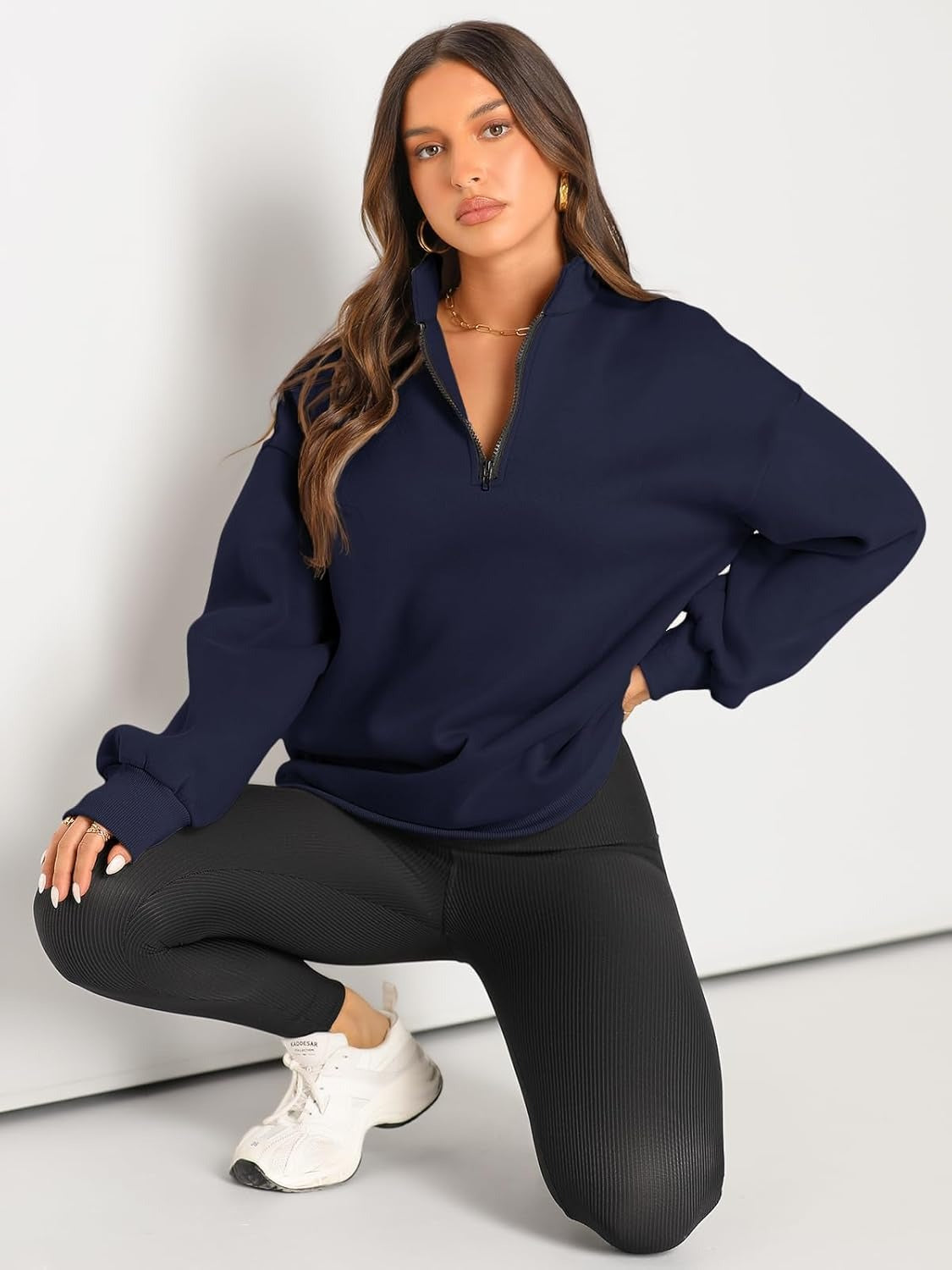 Women’s Oversized Half-Zip Pullover – Cozy Fleece Hoodie with Drop Shoulder & Quarter-Zip Design – Casual Fall and Winter Sweatshirt