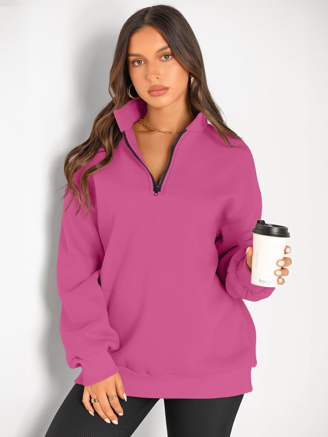 Women’s Oversized Half-Zip Pullover – Cozy Fleece Hoodie with Drop Shoulder & Quarter-Zip Design – Casual Fall and Winter Sweatshirt