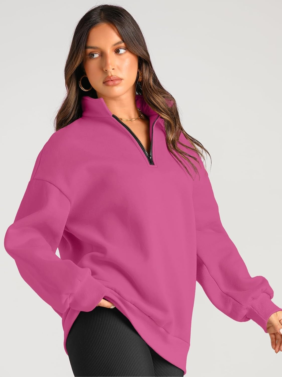 Women’s Oversized Half-Zip Pullover – Cozy Fleece Hoodie with Drop Shoulder & Quarter-Zip Design – Casual Fall and Winter Sweatshirt
