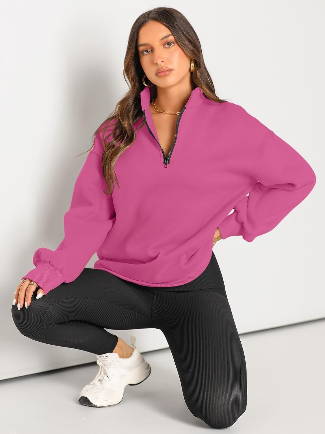 Women’s Oversized Half-Zip Pullover – Cozy Fleece Hoodie with Drop Shoulder & Quarter-Zip Design – Casual Fall and Winter Sweatshirt