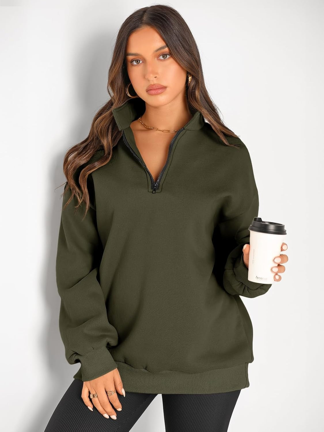 Women’s Oversized Half-Zip Pullover – Cozy Fleece Hoodie with Drop Shoulder & Quarter-Zip Design – Casual Fall and Winter Sweatshirt