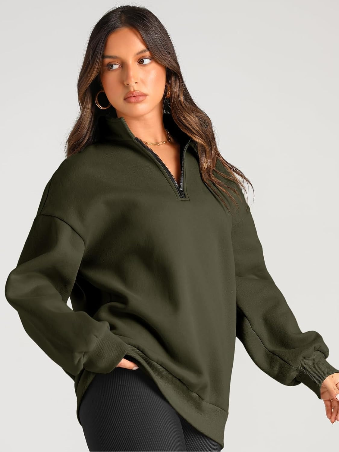 Women’s Oversized Half-Zip Pullover – Cozy Fleece Hoodie with Drop Shoulder & Quarter-Zip Design – Casual Fall and Winter Sweatshirt
