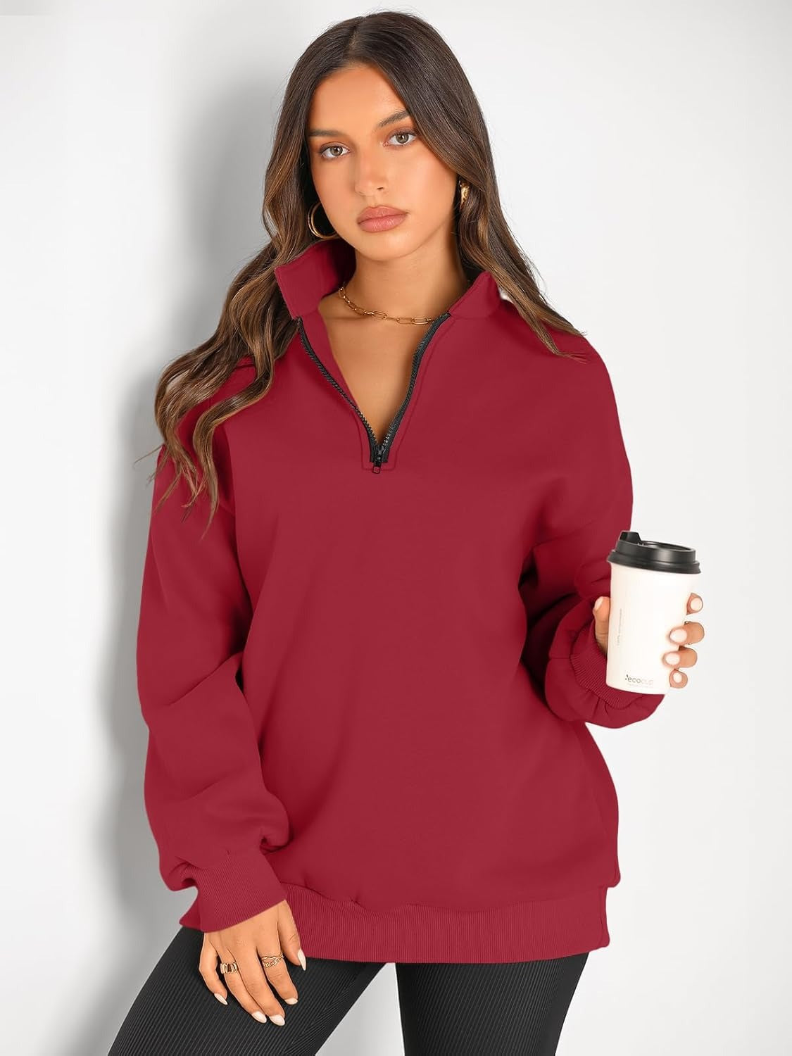 Women’s Oversized Half-Zip Pullover – Cozy Fleece Hoodie with Drop Shoulder & Quarter-Zip Design – Casual Fall and Winter Sweatshirt