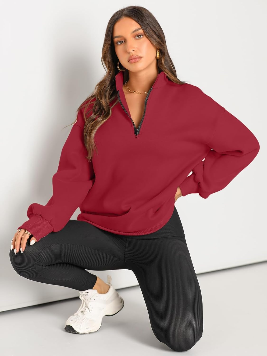 Women’s Oversized Half-Zip Pullover – Cozy Fleece Hoodie with Drop Shoulder & Quarter-Zip Design – Casual Fall and Winter Sweatshirt