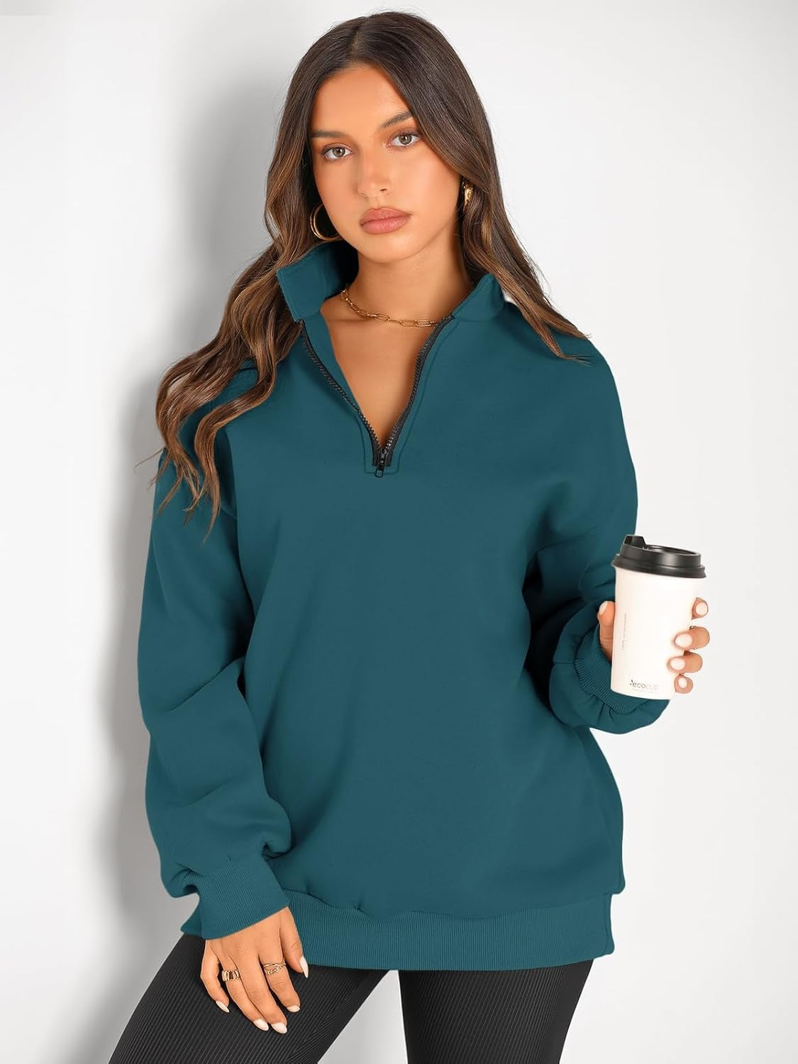 Women’s Oversized Half-Zip Pullover – Cozy Fleece Hoodie with Drop Shoulder & Quarter-Zip Design – Casual Fall and Winter Sweatshirt