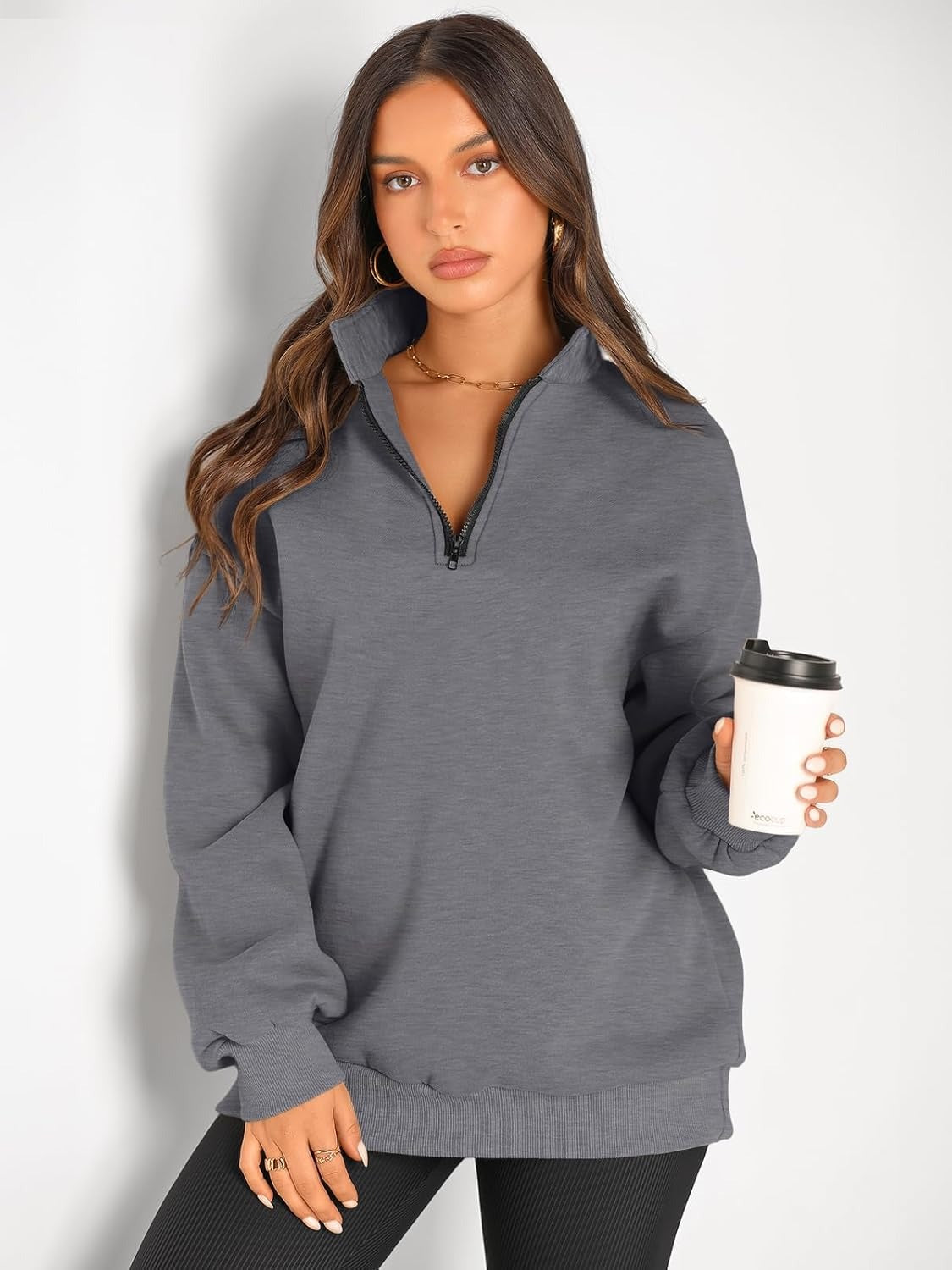 Women’s Oversized Half-Zip Pullover – Cozy Fleece Hoodie with Drop Shoulder & Quarter-Zip Design – Casual Fall and Winter Sweatshirt