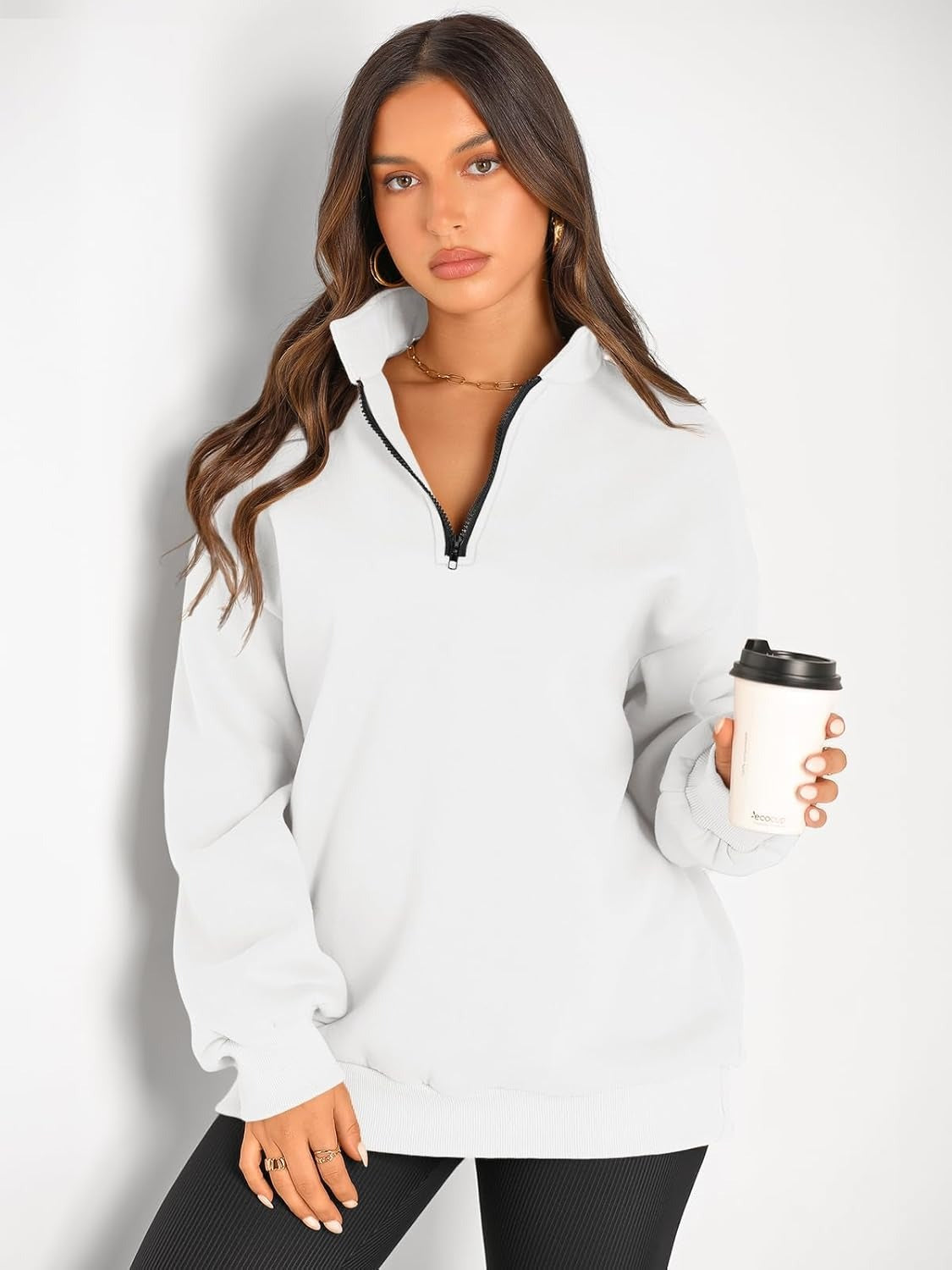 Women’s Oversized Half-Zip Pullover – Cozy Fleece Hoodie with Drop Shoulder & Quarter-Zip Design – Casual Fall and Winter Sweatshirt