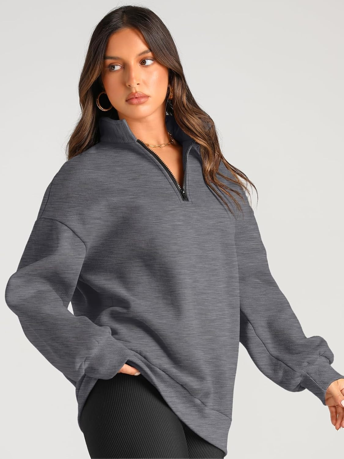 Women’s Oversized Half-Zip Pullover – Cozy Fleece Hoodie with Drop Shoulder & Quarter-Zip Design – Casual Fall and Winter Sweatshirt