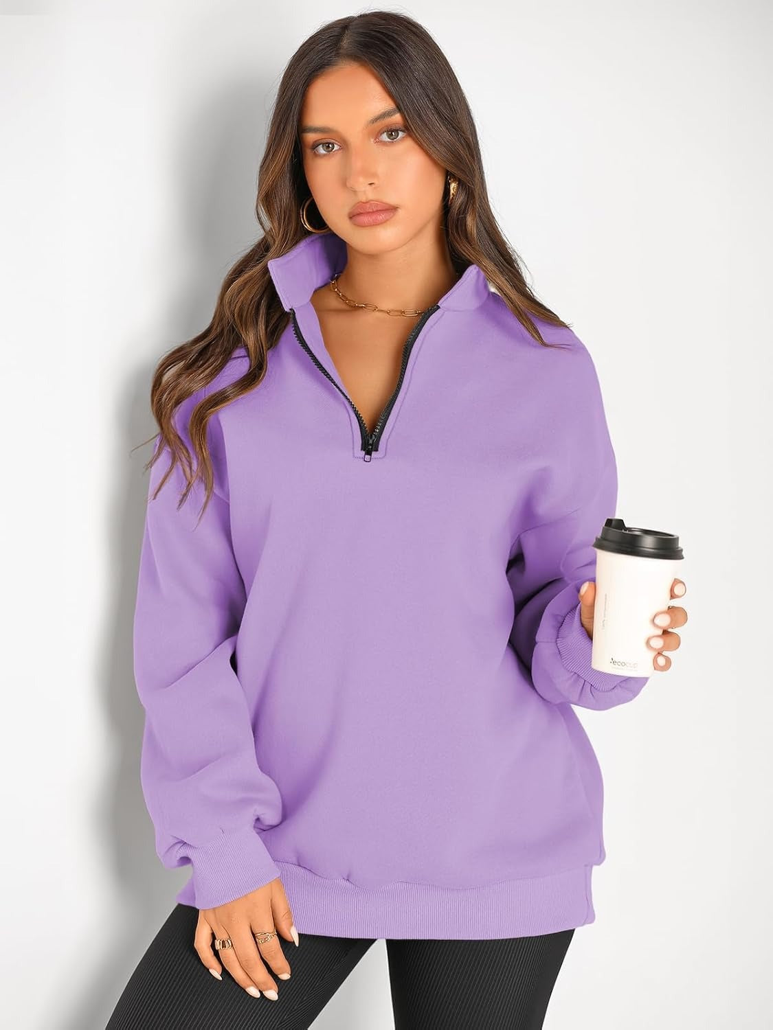 Women’s Oversized Half-Zip Pullover – Cozy Fleece Hoodie with Drop Shoulder & Quarter-Zip Design – Casual Fall and Winter Sweatshirt