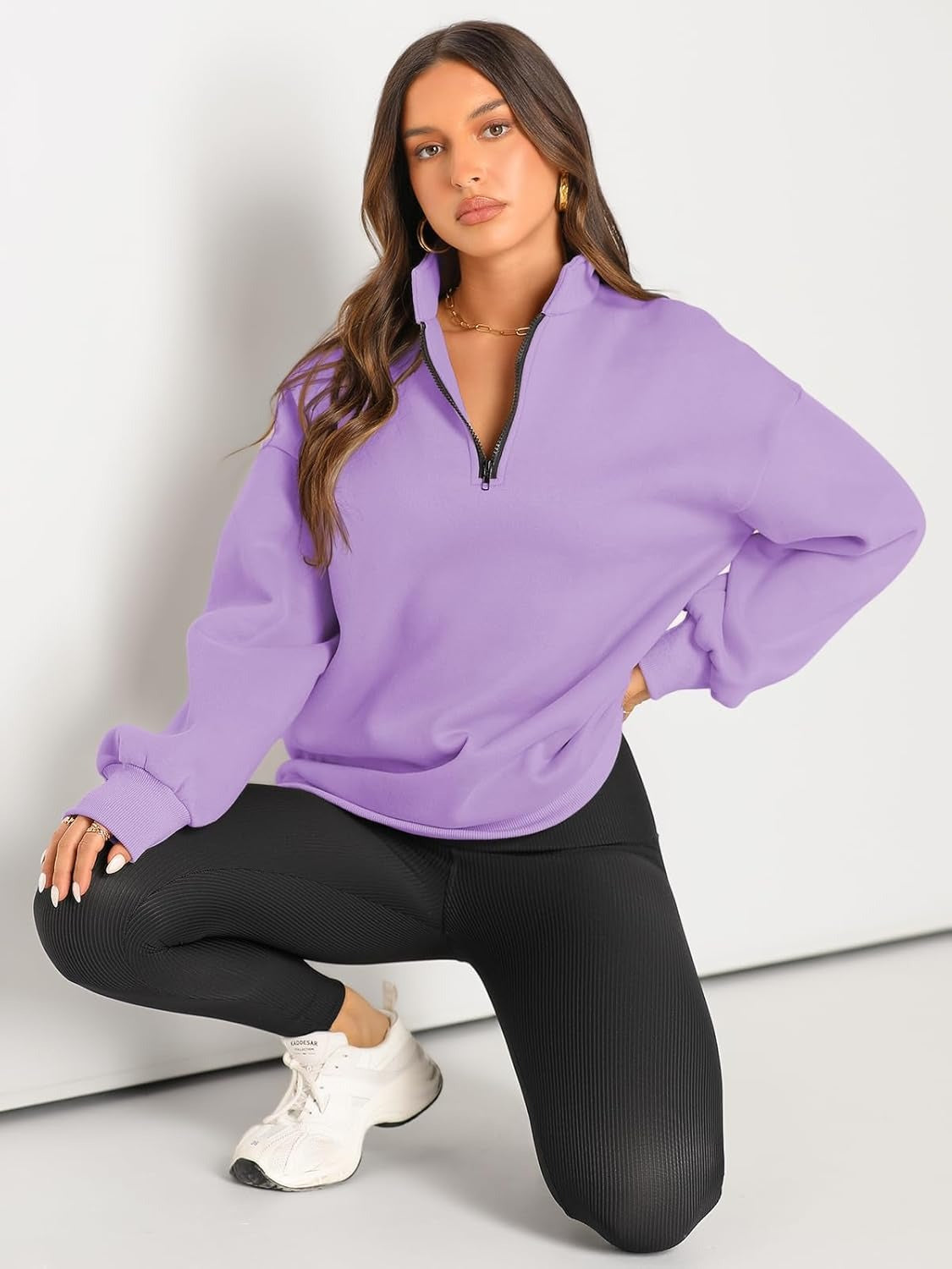 Women’s Oversized Half-Zip Pullover – Cozy Fleece Hoodie with Drop Shoulder & Quarter-Zip Design – Casual Fall and Winter Sweatshirt